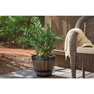 12.8 in. Reedley Medium Kentucky Walnut Brown Resin Barrel Planter (12.8 in. D x 10.5 in. H)