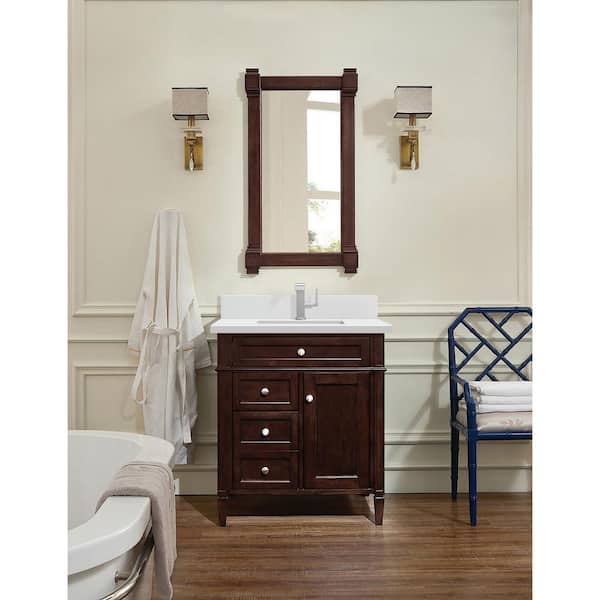 James Martin Vanities Brittany 30.0 in. W x 23.5 in. D x 34.0 in. H Single Vanity in Burnished Mahogany with White Zeus Quartz Top