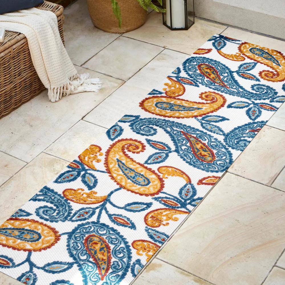 Boho Paisley Orange/Blue Synthetic Indoor/Outdoor Area Rug