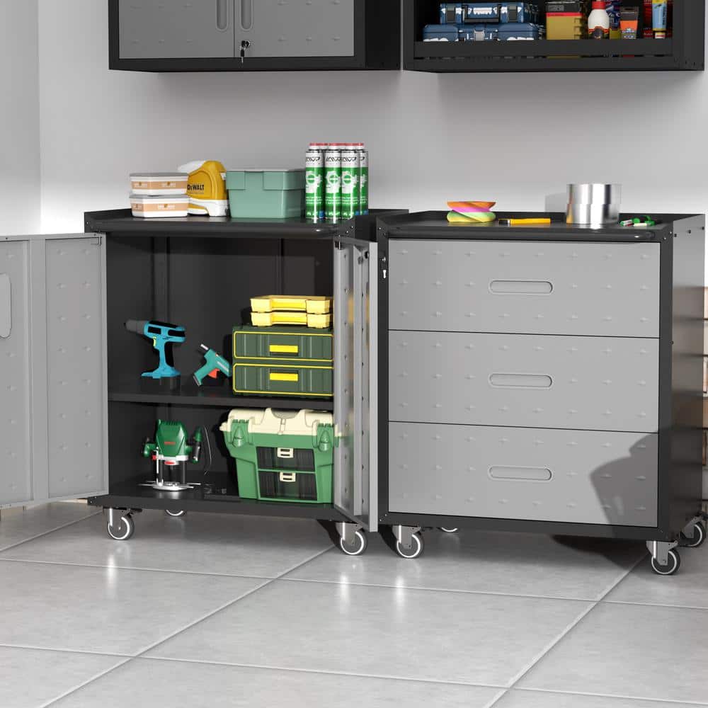 Black/Gray 35 in. H Steel Tool Storage Cabinet with Wheels Adjustable Shelf