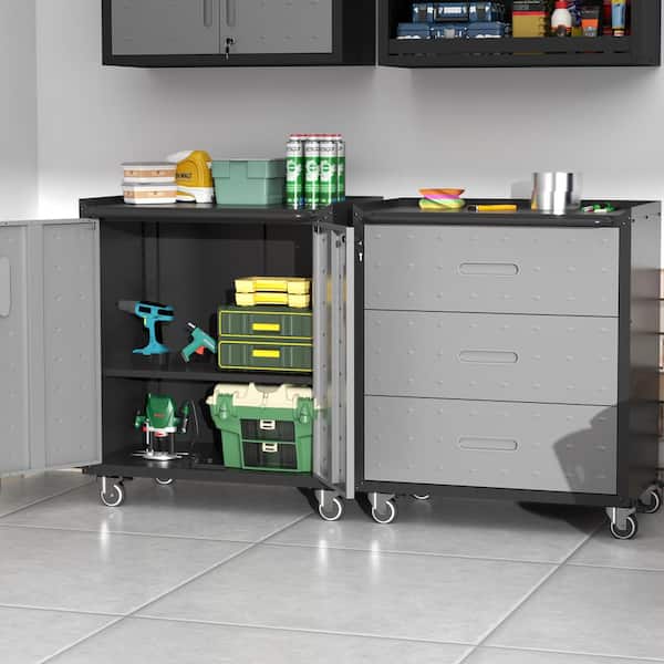 Unbranded Black/Gray 35 in. H Steel Tool Storage Cabinet with Wheels Adjustable Shelf Garage Storage Cabinet with Lockable Doors