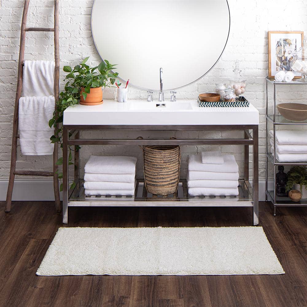 Classic White Cotton Runner Bath Mat with Non-Slip Backing
