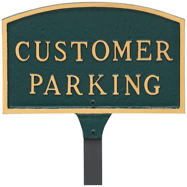 Montague Metal Products 5.5 in. x 9 in. Small Arch Customer Parking Statement Plaque Sign with 23 in. Lawn Stake - Green/Gold
