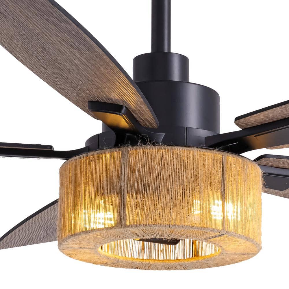 52 in. Indoor LED Hemp Rope Weaving Caged Ceiling Fan with Light Kit, 5-Bla
