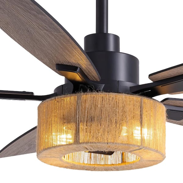LuminFan 52 in. Indoor LED Hemp Rope Weaving Caged Ceiling Fan with Light Kit, 5-Blades and Remote Control Included, Matte Black