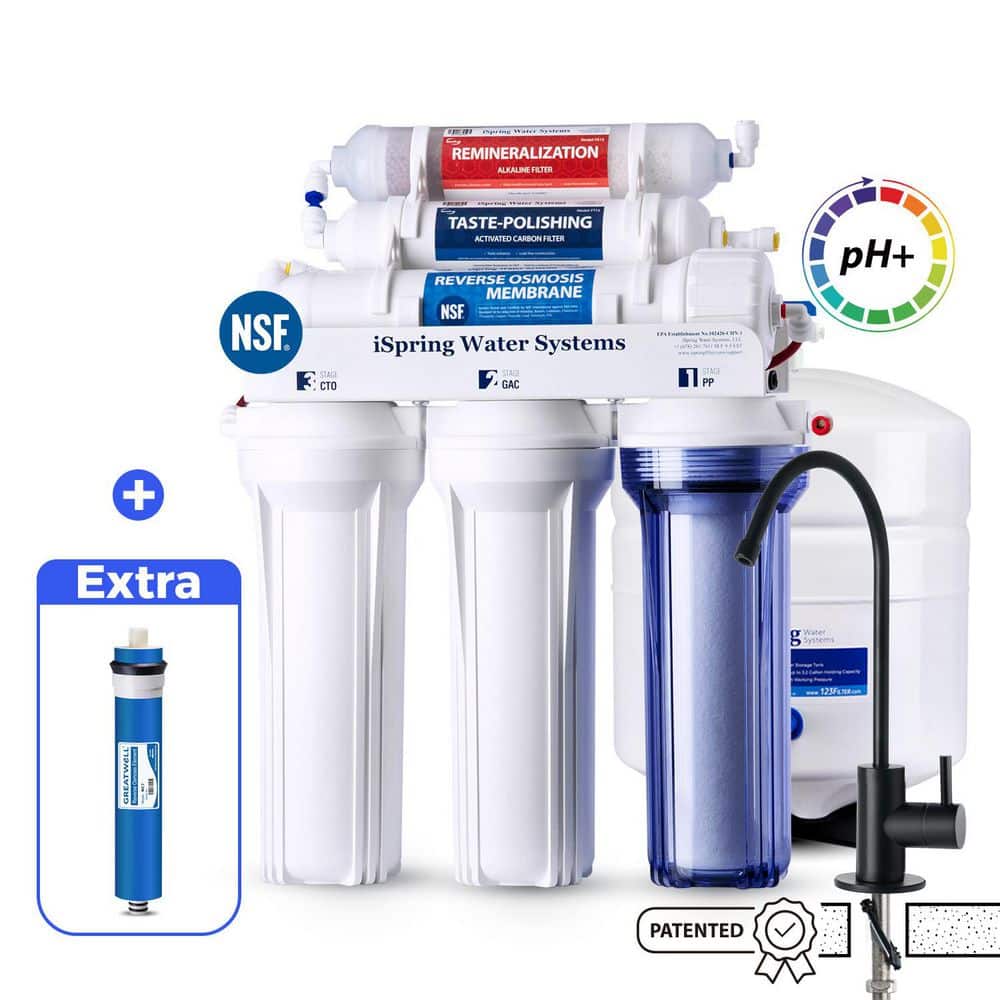 ISPRING 6-Stage NSF Certified Reverse Osmosis System w/ Alkaline, Black RO Faucet, Under-Sink Water Filter, Extra RO Membrane