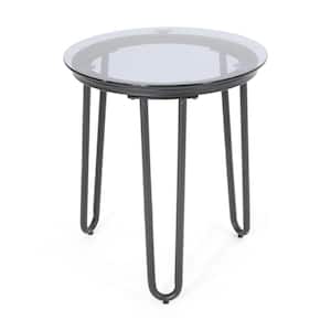 Stylish and Modern Design Round Metal Outdoor Side Table with Quality Tempered Glass Tabletop for Outdoor Use in Black