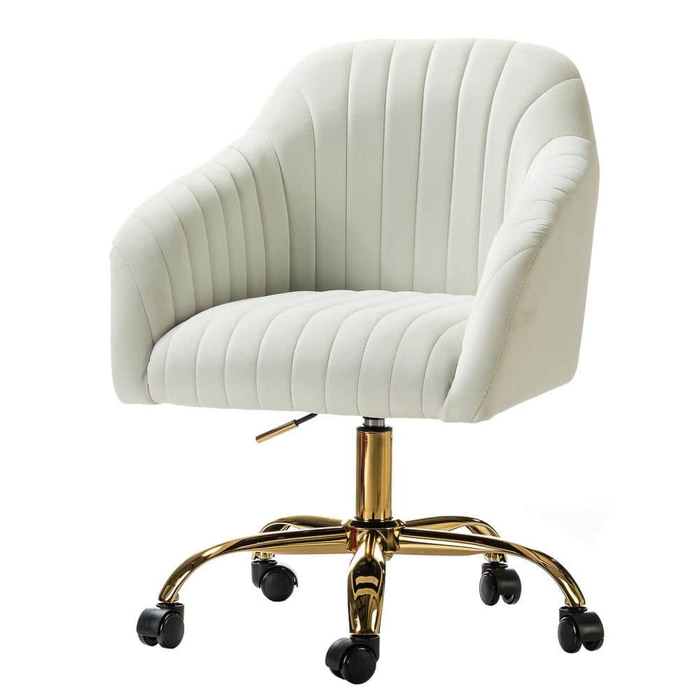 Ivory Velvet Swivel Task Chair with Golden Metal Legs
