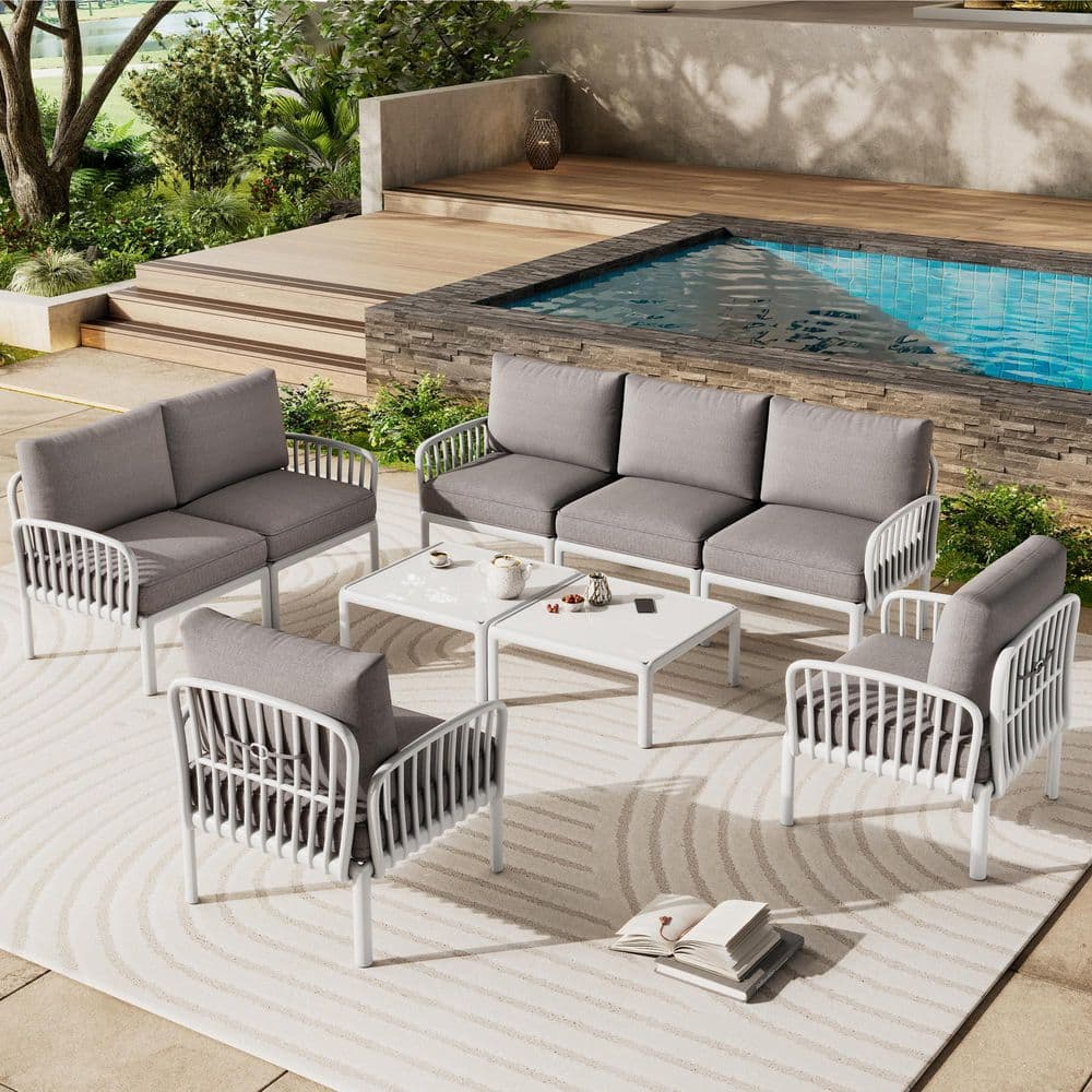 9-Piece Outdoor Conversation Sets with Light Gray Cushions and 2