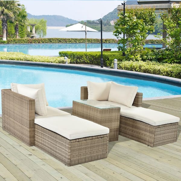 Tunearary 5-Piece Wicker Outdoor Chaise Lounge Sectional Sofa Set with Beige Cushions