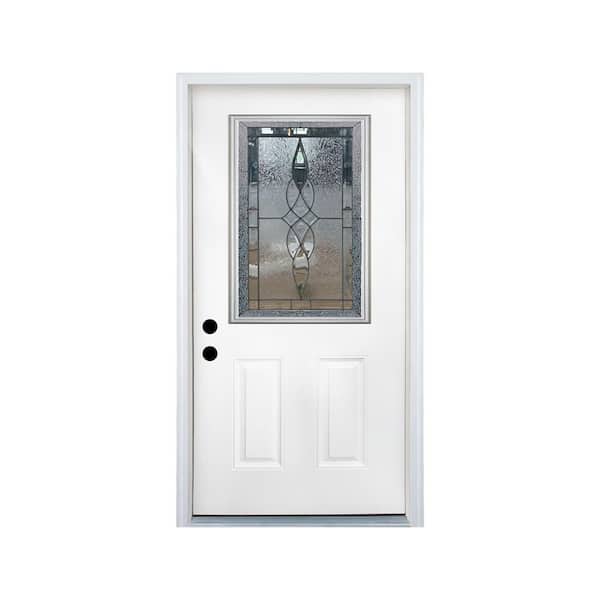 36 in. x 80 in. 2-Panel Left-Hand 1/2 Lite Decorative Glass White Fiberglass Prehung Front Door with Threshold, Hinge