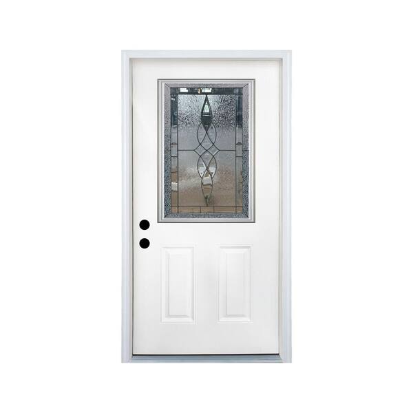 36 in. x 80 in. 1/2 Lite White Left-Hand Inswing Decorative Glass Fiberglass Prehung Front Door with Hinge, Threshold