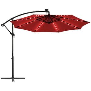 10 ft. Iron Cantilever Solar Tilt Patio Umbrella in Wine with LED Lights