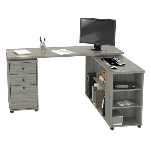 Inval 2-Drawer L Shaped Computer Desk, Smoke Oak