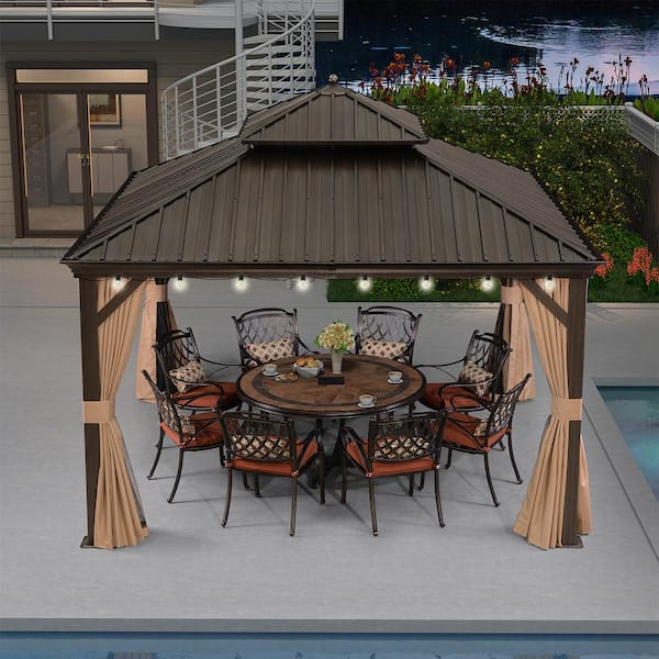 PURPLE LEAF 12 ft.x 12 ft.Bronze Patio Outdoor Gazebo for Backyard Hardtop Aluminum Frame with Hooks,Netting,Khaki Curtain,24 Lights