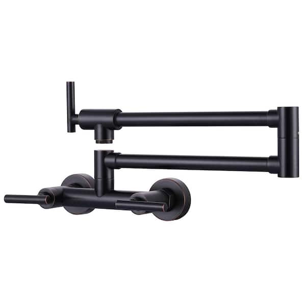 WOWOW Solid Brass Wall Mounted Pot Filler Faucet for Both Hot Cold Water with Double Joint Swing Arm in Oil Rubbed Bronze