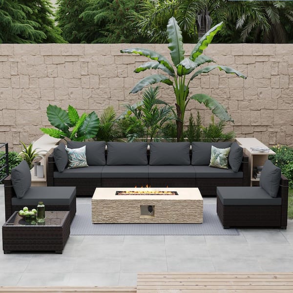 PATIO WATCHER 8-Piece Wicker Patio Conversation Set with Cushions and 56 in. Outdoor Rectangle Fire Pit Table, Dark Grey Cushions