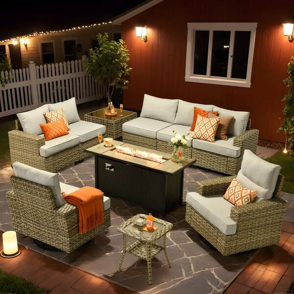 OVIOS Tiberty Gray 10-Piece Wicker Patio 54 in. Rectangle Fire Pit Conversation Set with Gray Cushions and Swivel Chairs