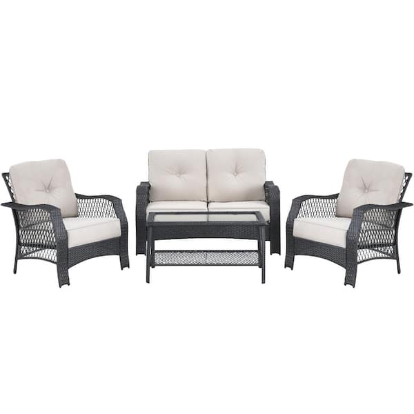 WELLFOR 4-Pieces Patio Wicker Furniture Set with Beige Cushions