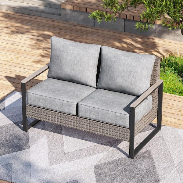Outdoor Loveseat Sofa Patio Conversation Set 2 Seater Furniture with High Back and Gray Wicker Linen Grey Cushions