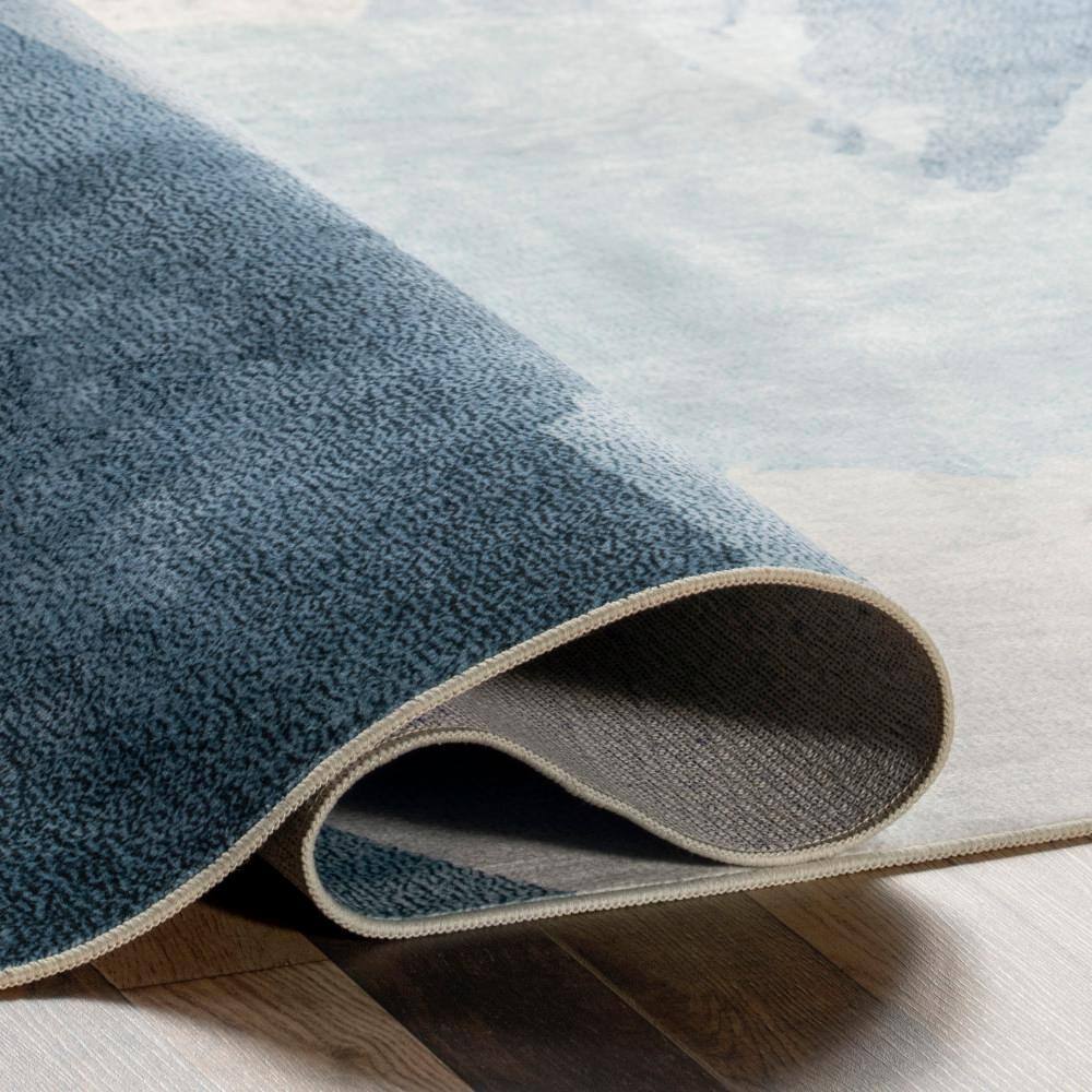 Blue Abstract Washable Non-slip Synthetic Area Rug, 3 x 5 ft