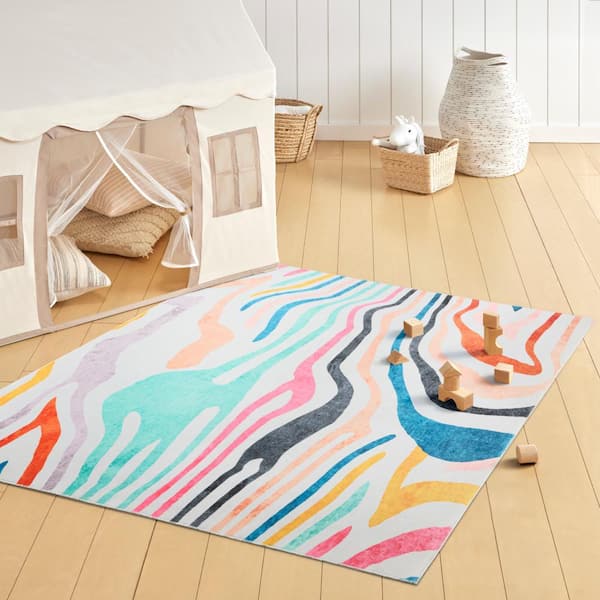 Leta Zebra Pink/Multi 3 ft. x 5 ft. Stripe Indoor Kids Machine Washable Area Rug