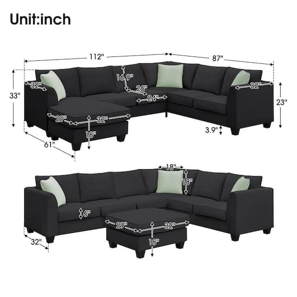 112 in W Flared Arm Fabric L Shaped Sofa Corner Couch Set in Black Wit