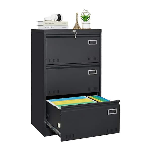 Blcak Locking Metal File Cabinets Three Drawer, Office Filing Cabinet with Lock Drawers