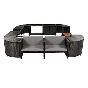Wicker Spa Quadrilateral Outdoor Sectional Set with Mini Sofa, Wooden Seats, Storage Spaces and Grey Cushions