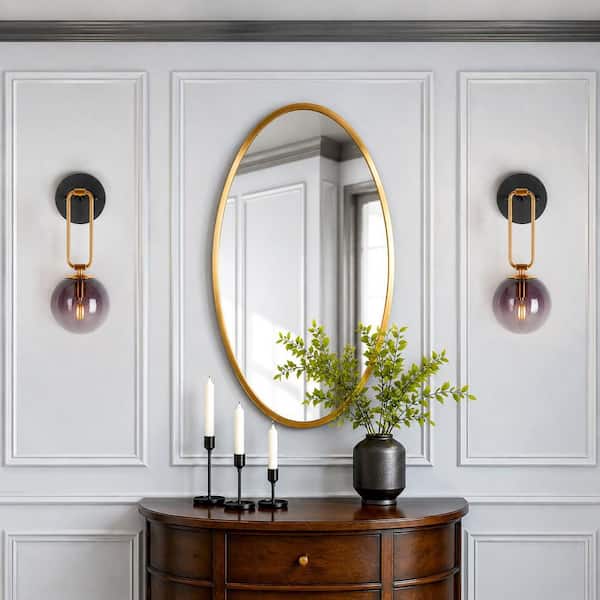 Mid-Century Modern Bathroom Sconce 14.5 in. 1-Light Black and Gold Transitional Wall Light with Gradient Purple Glass