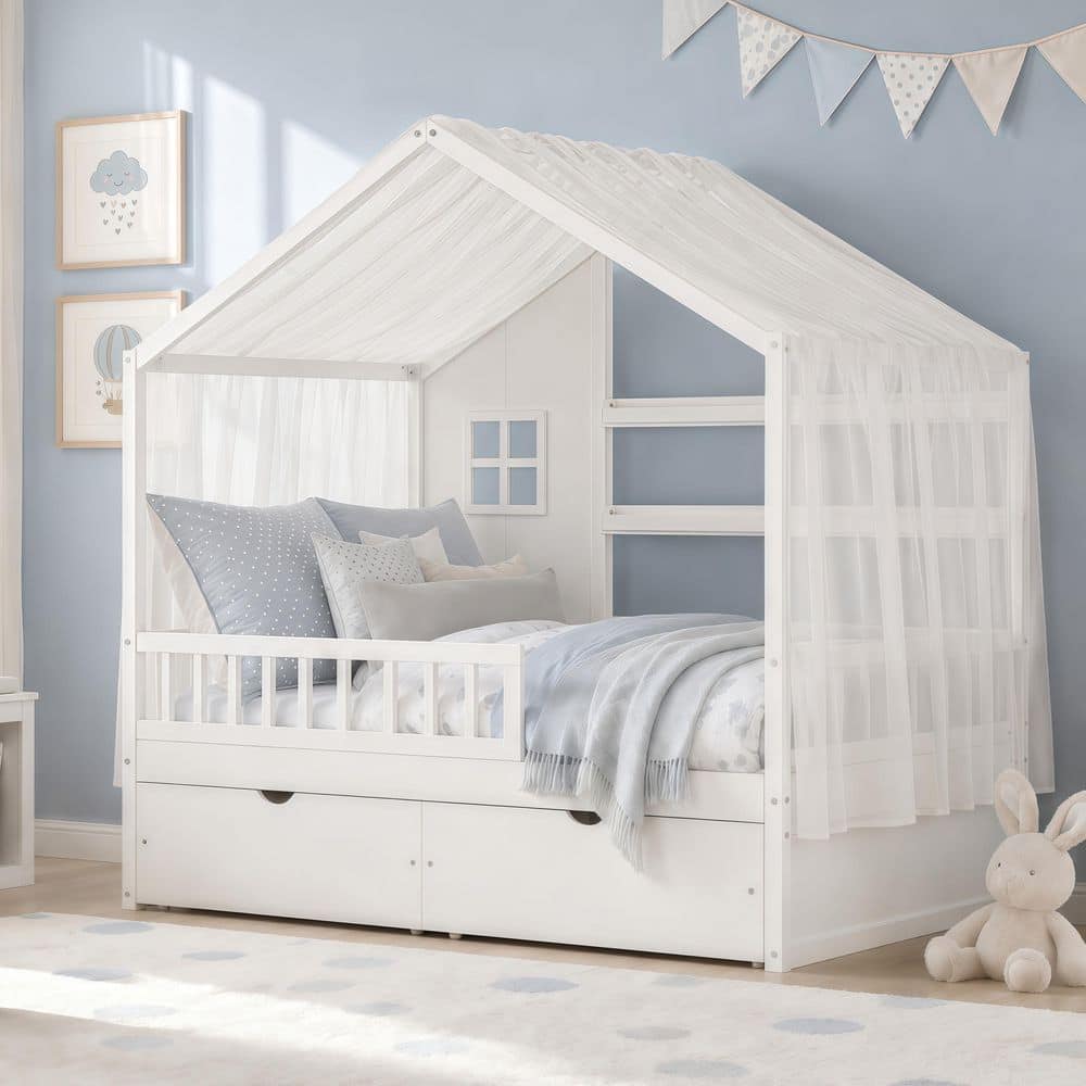 White Twin Size House Kids Bed with Safety Guardrails and 2 Drawers, Montessori Floor Bed with Roof and Curtains price history on PriceWatchPro