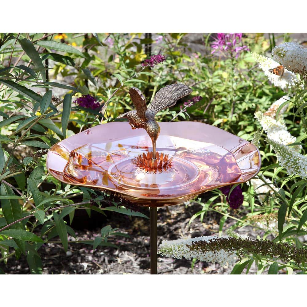 Copper Hummingbird Birdbath with Wrought Iron Stake