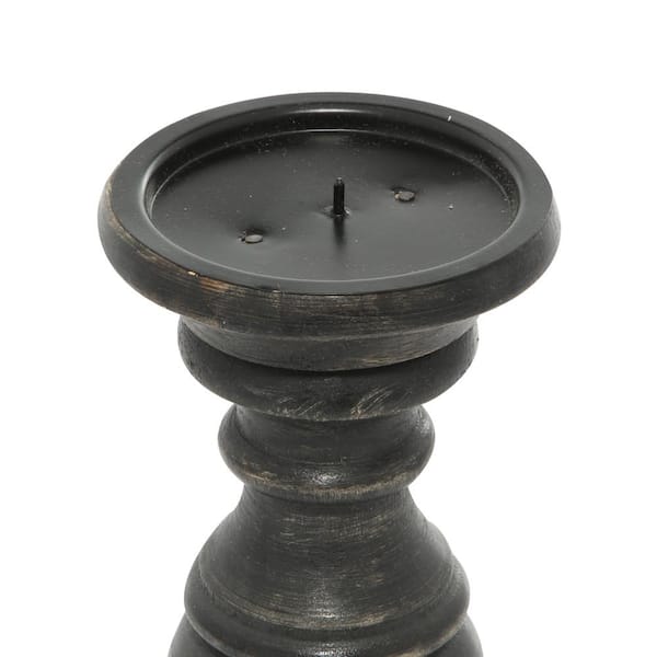 Black Mango Wood Turned Style Pillar Candle Holder with Distressed Finish (Set of 3)