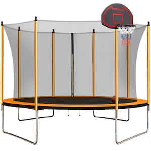 10 ft. Round Backyard Trampoline with Safety Enclosure, Basketball Hoop and Ladder in Orange