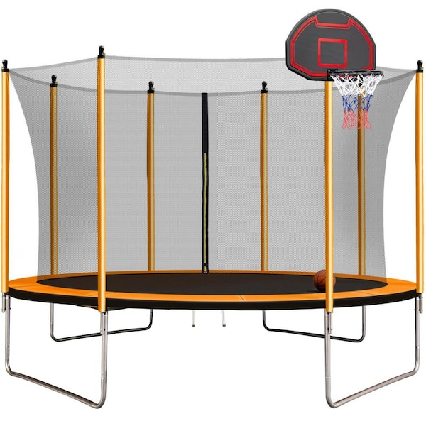 maocao hoom 10 ft. Round Backyard LargeTrampoline with Safety Enclosure, Basketball Hoop and Ladder in Orange