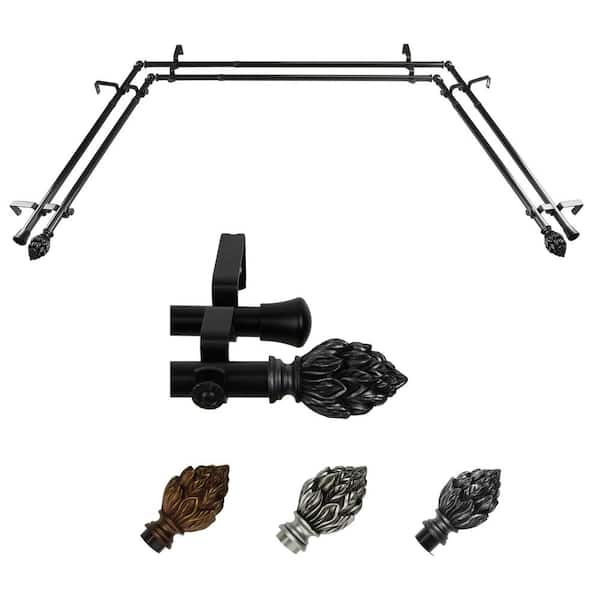 EMOH 13/16" Dia Adjustable 20"-36", 38"-72" Bay Window Double Curtain Rod with Julia Finials in Black