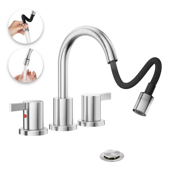 Pull Down Sprayer Brushed Nickel Widespread Bathroom Sink Faucet, 8 in. 2-Handles 3-Hole Pull Out Bathroom Faucet