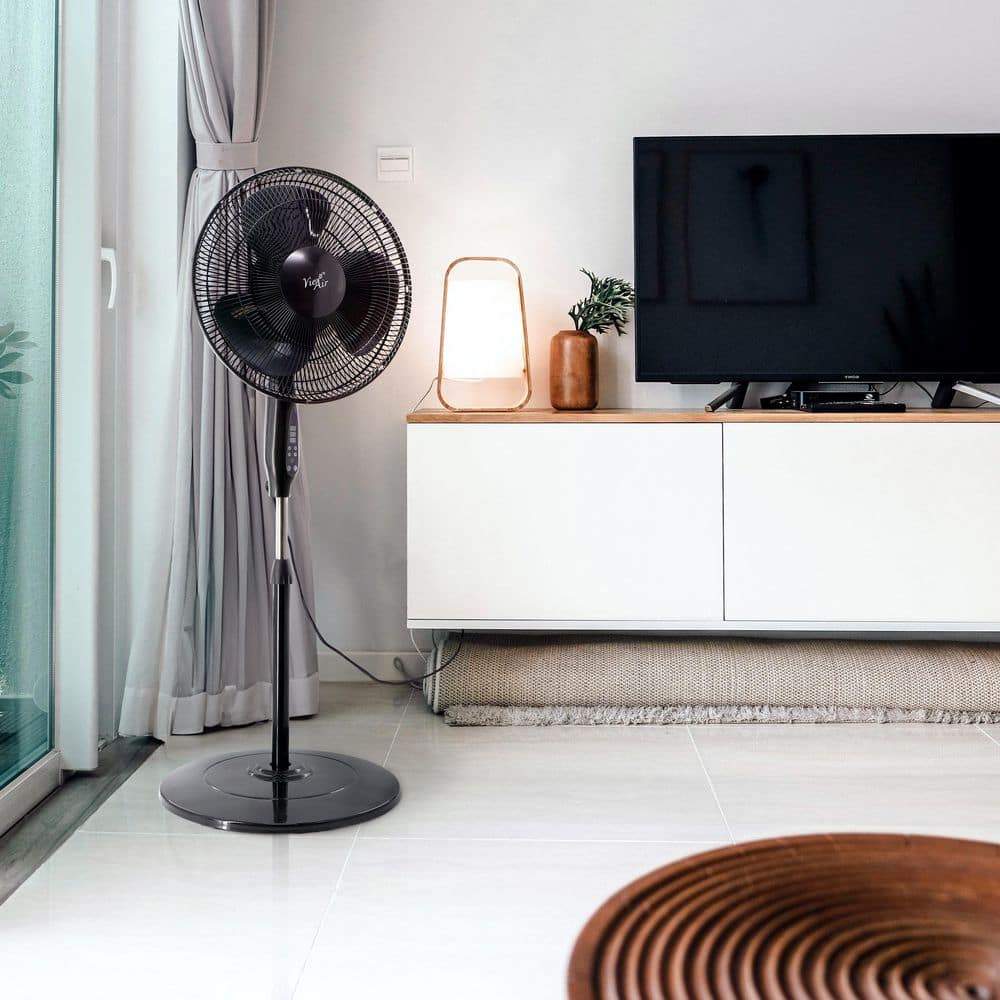 Vie Air 16 Inch Black Aluminum Remote Controlled Oscillating Pedestal Fan