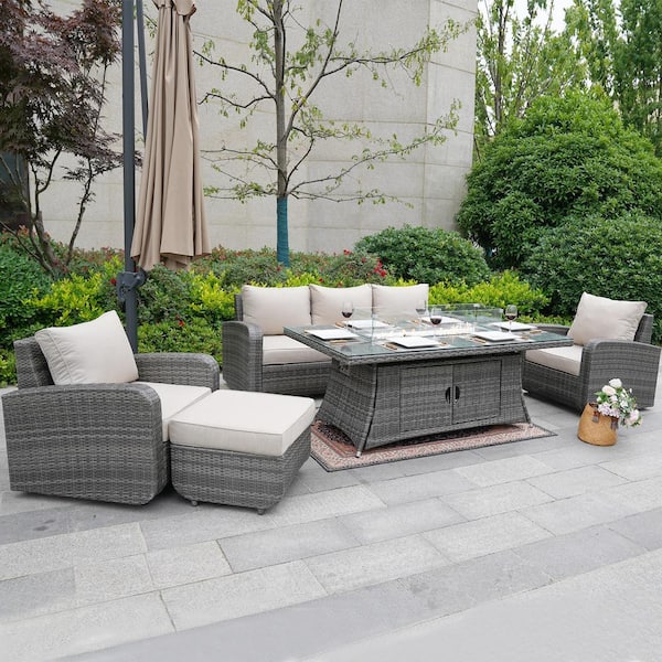 moda furnishings Garden Gary 5-Piece Wicker Patio Fire Pit Conversation Sofa Set with Beige Cushions