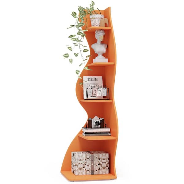 Eulas 69.8 in. Tall Orange Engineered Wood 5-Shelf Standard Bookcase Bookshelf Corner Shelf for Living Room
