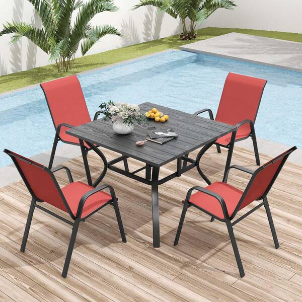 Red Steel Patio Dining Chair All Weather Outdoor Armchairs