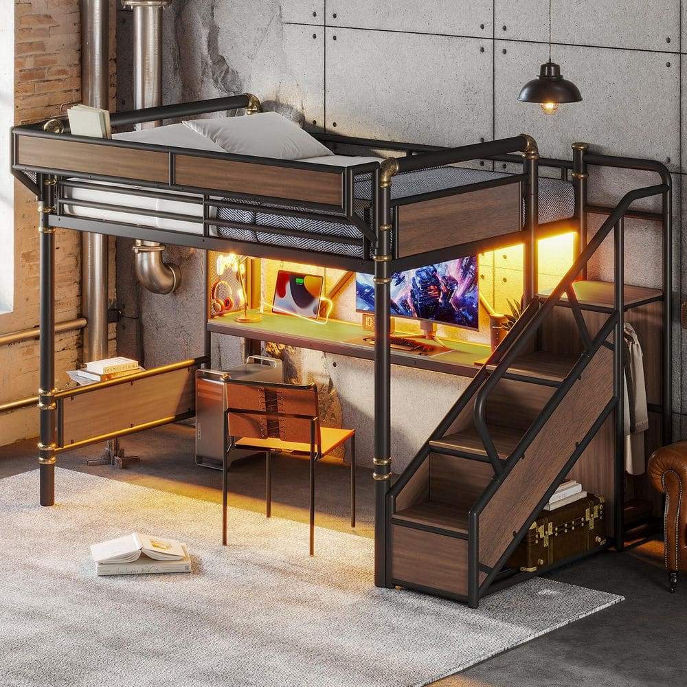 Black Queen Metal Loft Bed with Desk and Power Outlet, LED Strip, Pegboard and Mesh Baskets, Storage Stairs, Wardrobe price history on PriceWatchPro