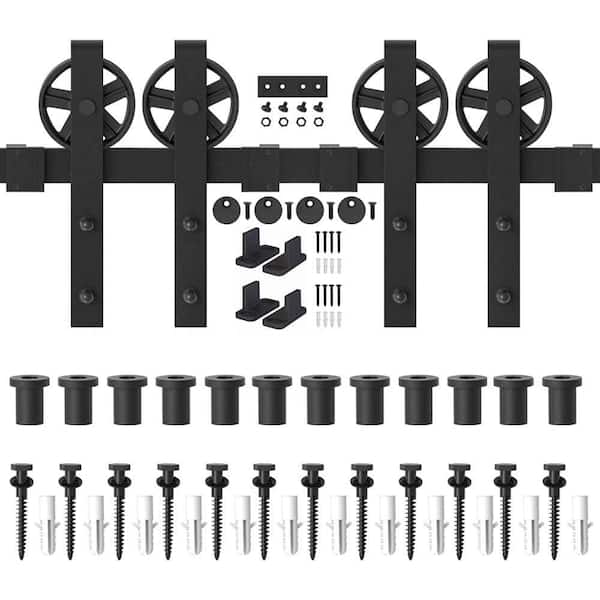 WINSOON 17 ft./204 in. Frosted Black Sliding Barn Door Track and Hardware Kit for Double Doors with Non-Routed Floor Guide