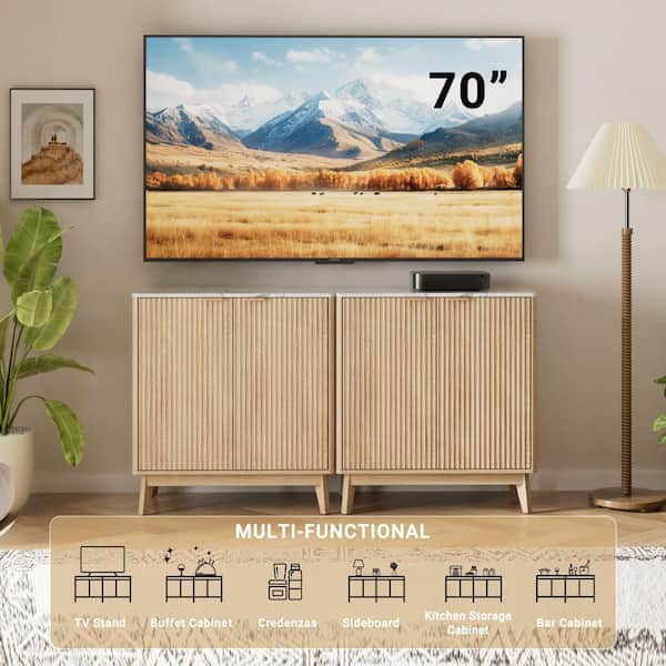 Cabinson Natural Oak 31.5 in. W x 15.75 in. D x 34.45 in. H Pantry Sideboard Buffet Cabinet Faux Stone Finish Top 2-Door