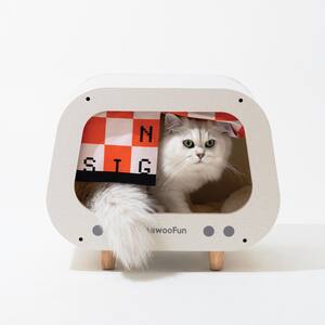 Wooden TV-Shaped Cat Bed, Cat House with Cushion, White