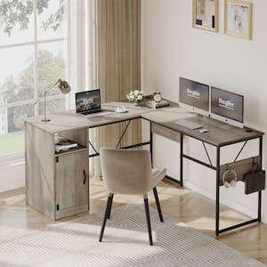 60 in. L shaped Wash Grey Wood Desk with Cabinet and Hooks