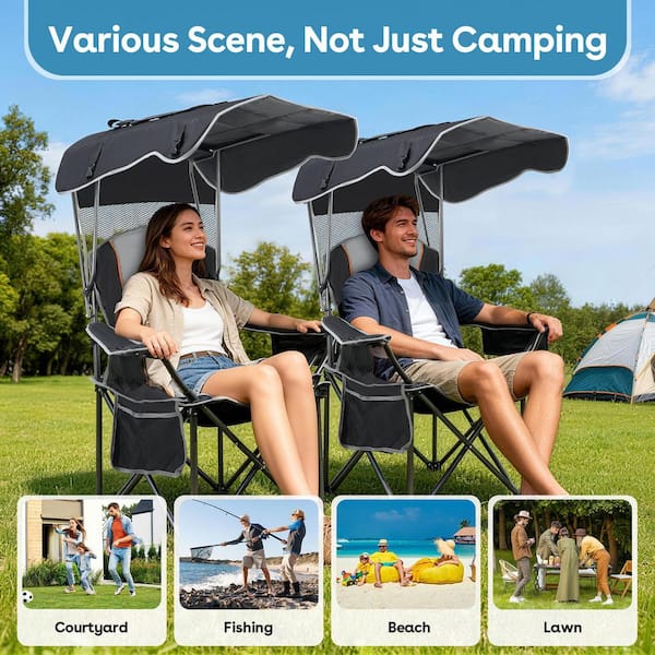 Folding Camping Chair w/ Adjustable Sun Canopy, 500 lbs. Heavy Duty Outdoor Chair w/ Cooler Bag Cup Holder and Carry Bag