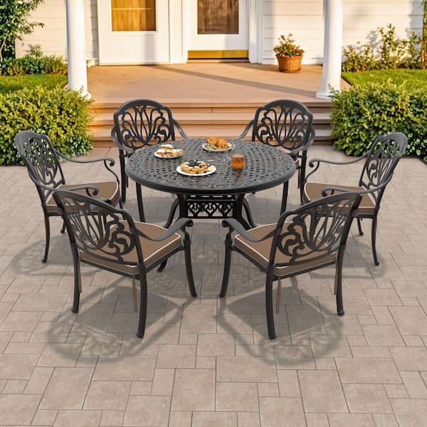 Elizabeth Black 7-Piece Cast Aluminum Outdoor Dining Set with Round Table and Dining Chairs with Brown Cushion