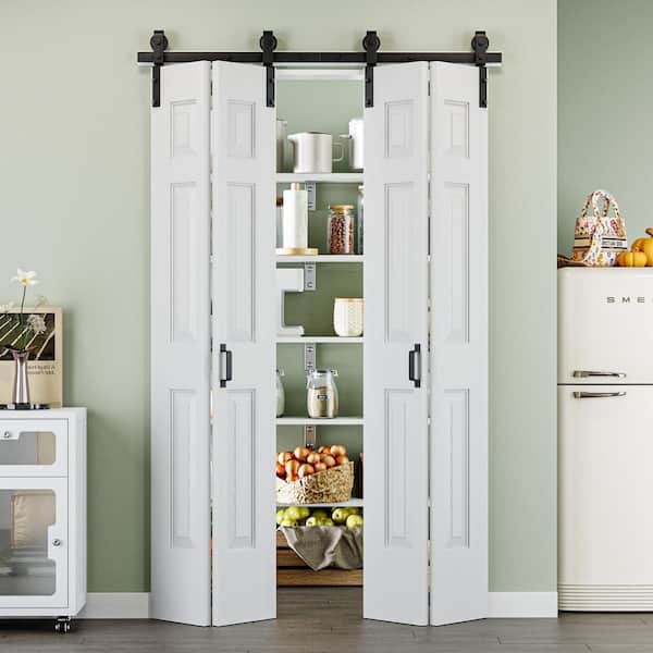 48 in. x 84 in. Paneled 6-Lite White Primed MDF Composite Bi-fold Sliding Barn Door with Hardware Kit and Handle
