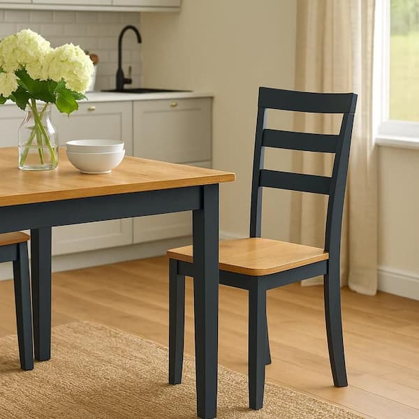 Gasy Dark Blue and Brown Wood Dining Side Chair Set of 2